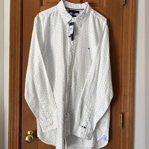 Tommy Hilfiger White Long Sleeve Button Down Shirt with AOP Blue Geometric S: XL